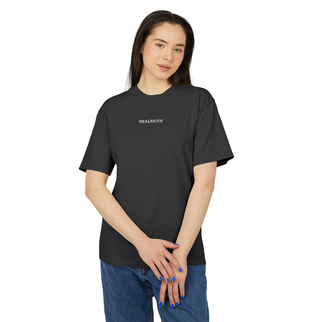 T-Shirt that says REALFAITH on it
