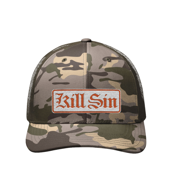 Kill Sin Camouflage Trucker Hat — Embroidered Patch, Rugged Camo Snapback